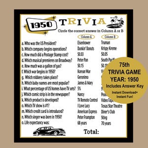 1950 Trivia Party Spiel, 75. Geburtstag Partyspiel, 75. Geburtstag Gold und Schwarz Trivia Party Spiel, 1950 Party Eisbrecher Spiel, Instant Download
