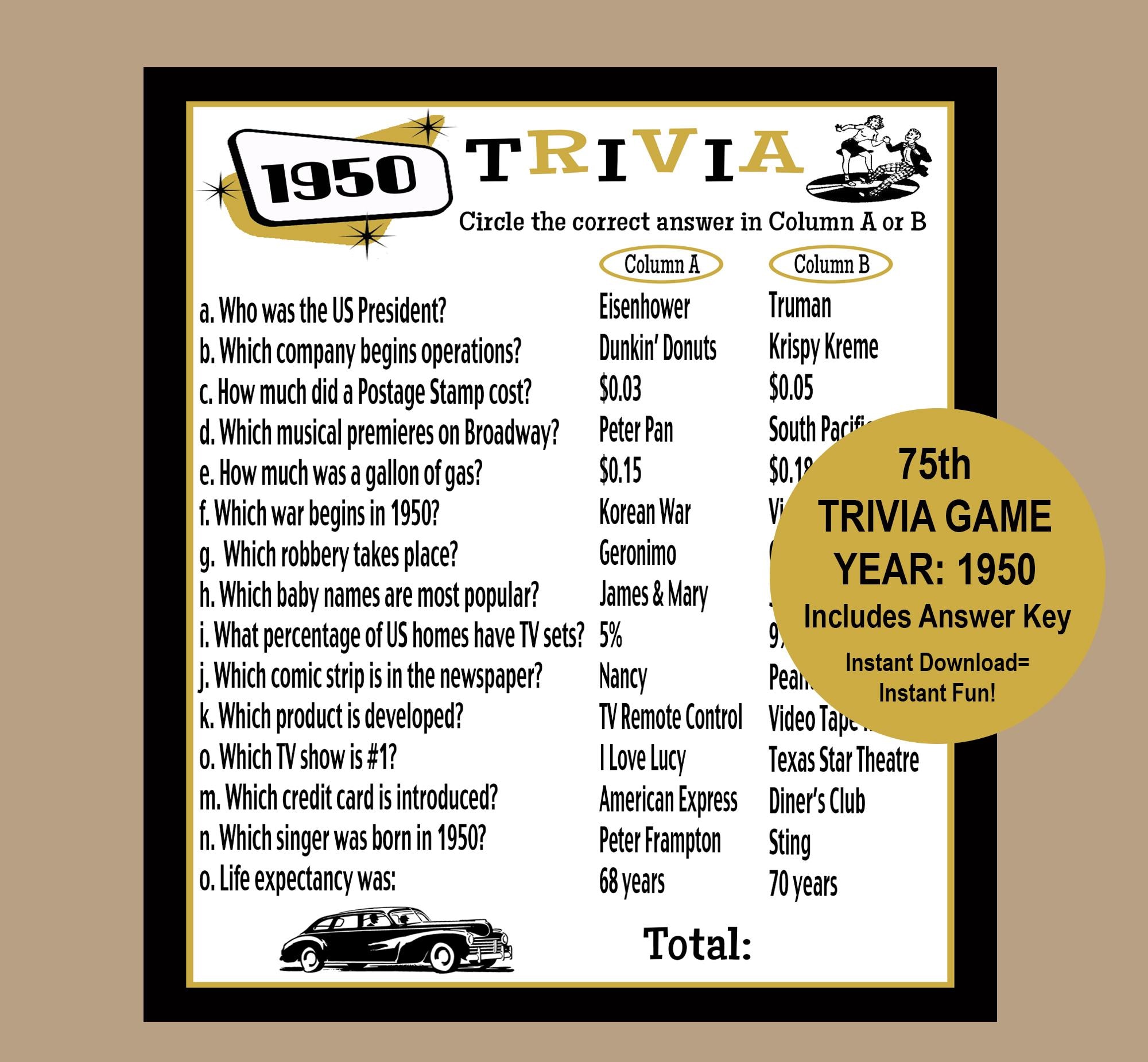 1950 Trivia Game, 75th Birthday Party Game, 75th Birthday Gold and Black Trivia Party Game, 1950 Party Icebreaker Game, Instant Download