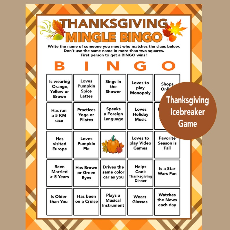 Thanksgiving Game Icebreaker Bingo Mix and Mingle Etsy