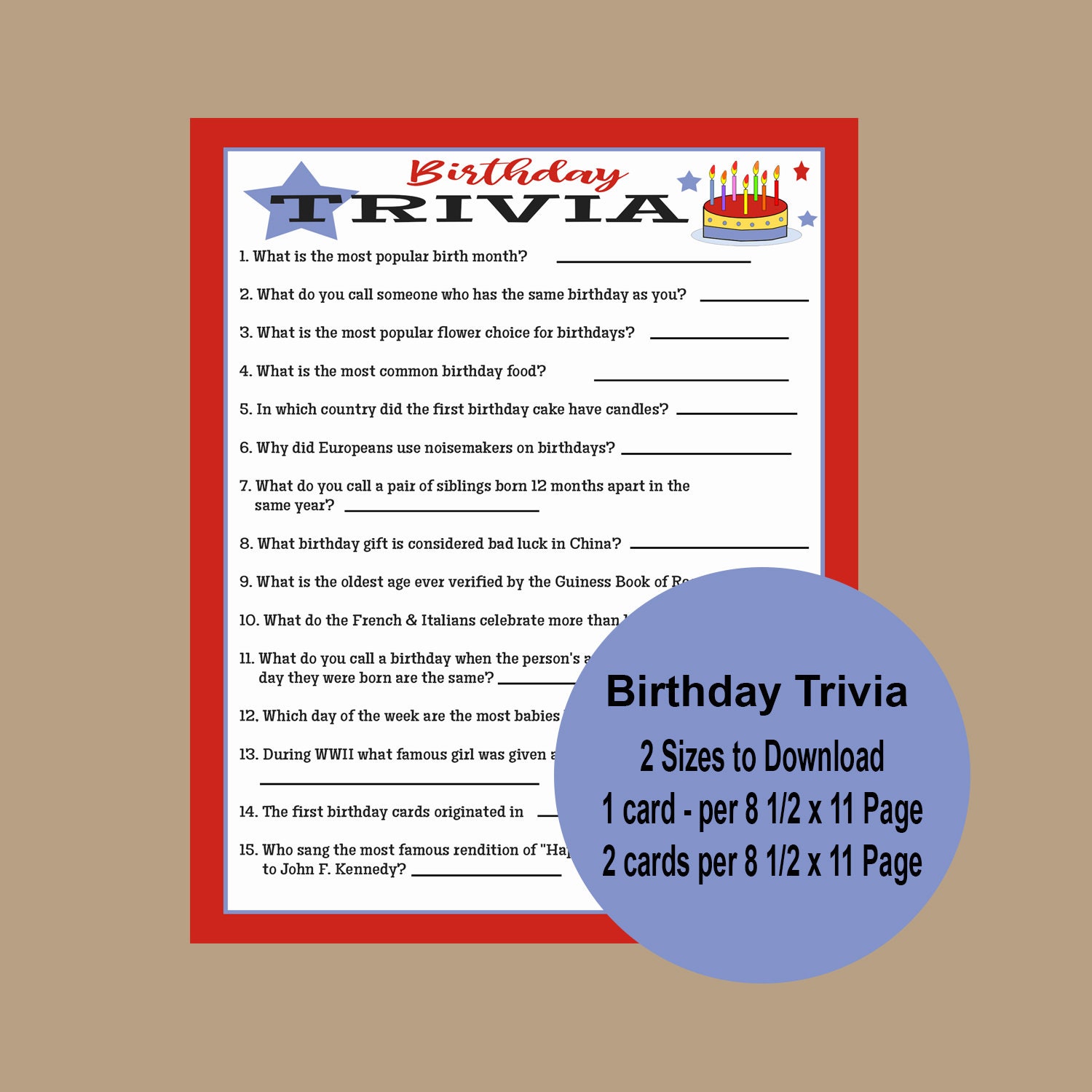 Birthday Trivia 18th 21st 25th 30th 40th 50th 60th Etsy