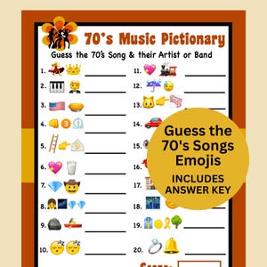 May include: A colorful game board titled "70's Music Pictionary." The game challenges players to guess 70's songs and artists using emojis. Includes an answer key. The board features a retro flower design and a brown border.