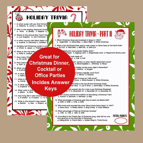 Holiday Trivia Games Christmas Trivia Christmas Printable Etsy