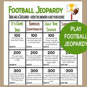 Football Jeopardy, The Big Game Jeopardy, Philadelphia Trivia Game, druckbares Supe LVII Spiel, Sunday Night Football Trivia