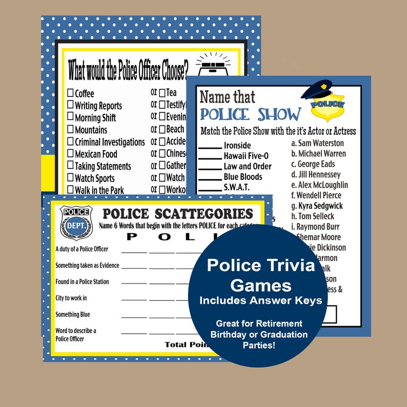 Paper Party Supplies Police Officer Trivia Game Police Retirement Game Police Officer Party Police Scattegories Police Graduation Game Instant Download Party Favors Games