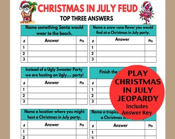Puede incluir: Un tablero de juego imprimible de Christmas in July Feud con un esquema de color rojo, blanco y azul. El tablero de juego tiene cuatro categorías: Nombra algo que Santa Claus usaría en la playa, Nombra un sabor de cono de nieve que encontrarías en una fiesta de Navidad en julio, En lugar de una fiesta de suéteres feos, estamos organizando una fiesta fea..., y Nombra un lugar donde podrías organizar una fiesta de Navidad en julio. El tablero de juego también incluye un círculo rojo con el texto "PLAY CHRISTMAS IN JULY JEOPARDY" y el texto "Includes Answer Key".
