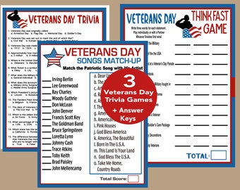 Veterans Day Trivia Games, Veterans Day Song Trivia, Veterans Day Classroom Activity, Veterans Day Printables, Instant Download