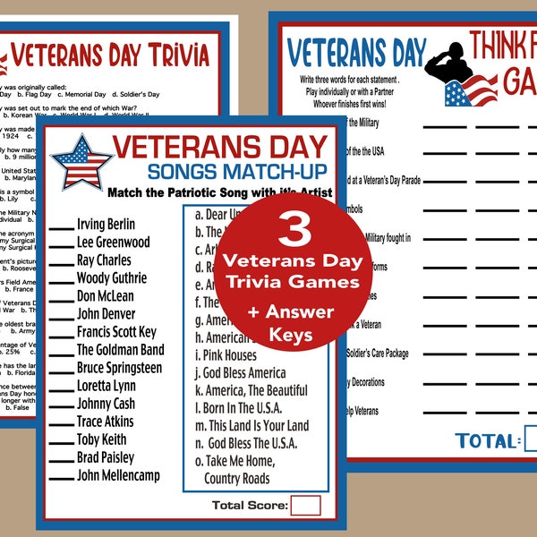 Veterans Day Trivia Games, Veterans Day Song Trivia, Veterans Day Classroom Activity, Veterans Day Printables, Instant Download