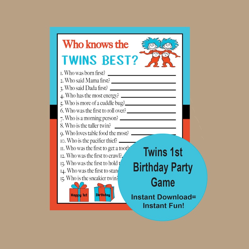 May include: A blue and red printable game card with the text "Who knows the twins best?" and a list of questions about twins. The card also has the text "Twins 1st Birthday Party Game" and "Instant Download= Instant Fun!"