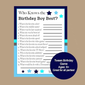 Who Knows the Birthday Boy Best Game, Teen Birthday Games, Tween Birthday Game, 8th, 9th, 10th, 11th Birthday Games, Party Games, Printable