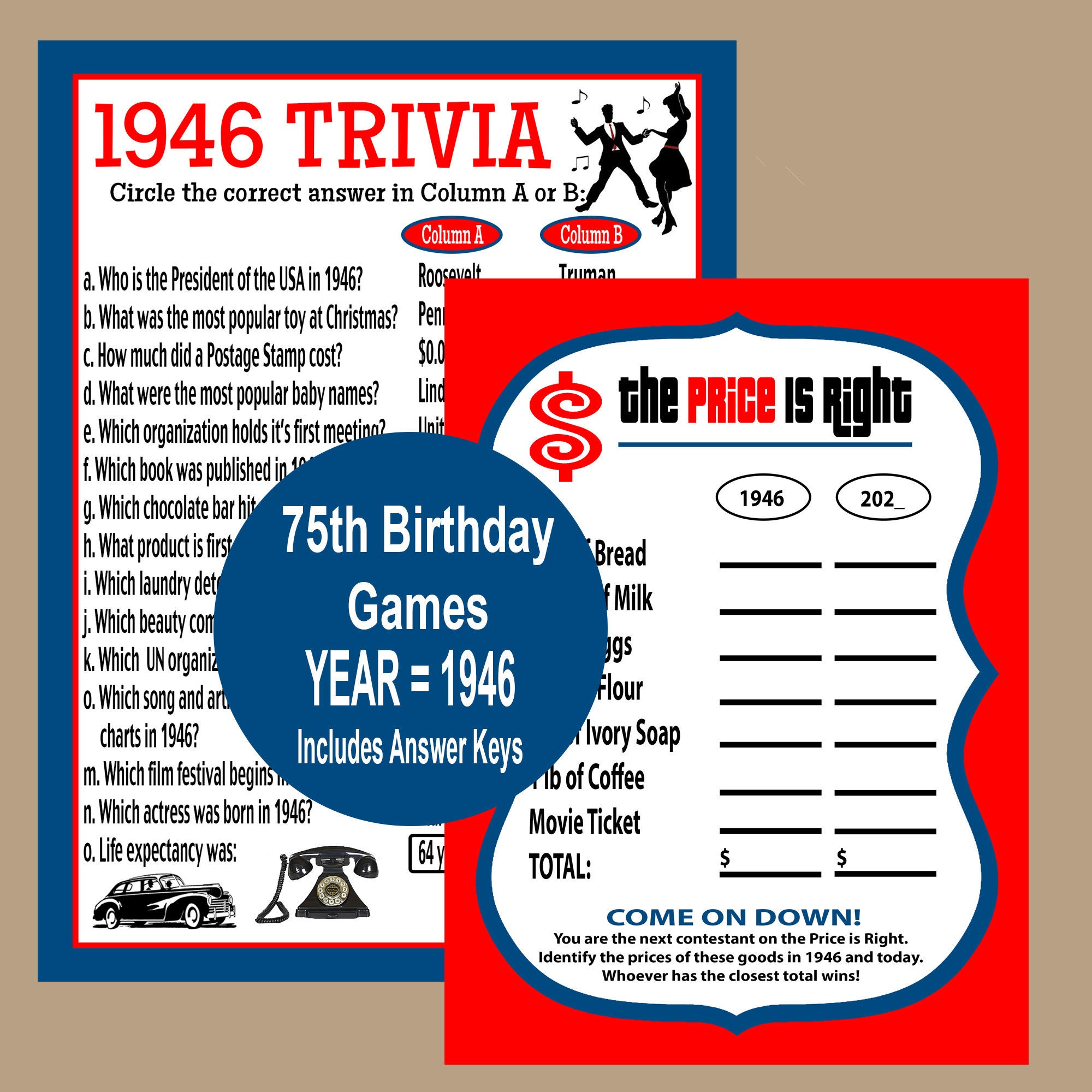 75th Birthday Games 75th Birthday Party 1946 Trivia Game Etsy