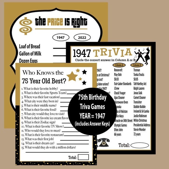 75th Birthday Party Games Price is Right 75th 1947 Trivia - Etsy