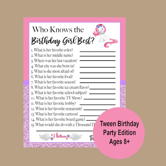 Who Knows the Birthday Girl Best Game Unicorn Party Game | Etsy