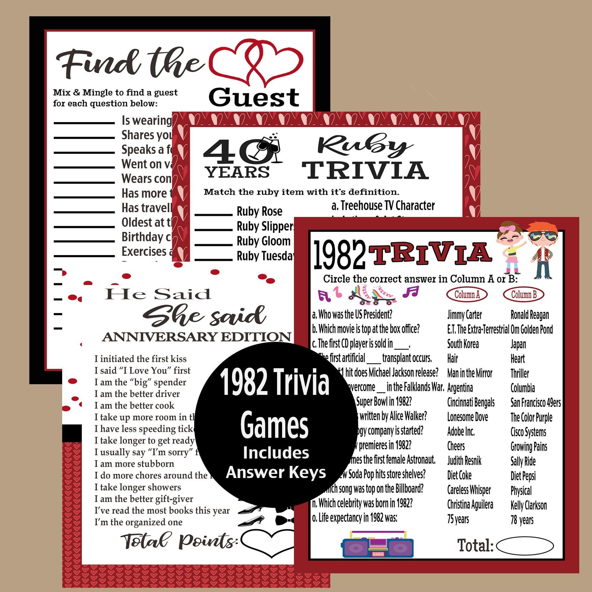 40th Anniversary Games, Adult Party Games, 1982 Wedding Anniversary Trivia Game, He Said She Said Game, Ruby Anniversary, Instant Download