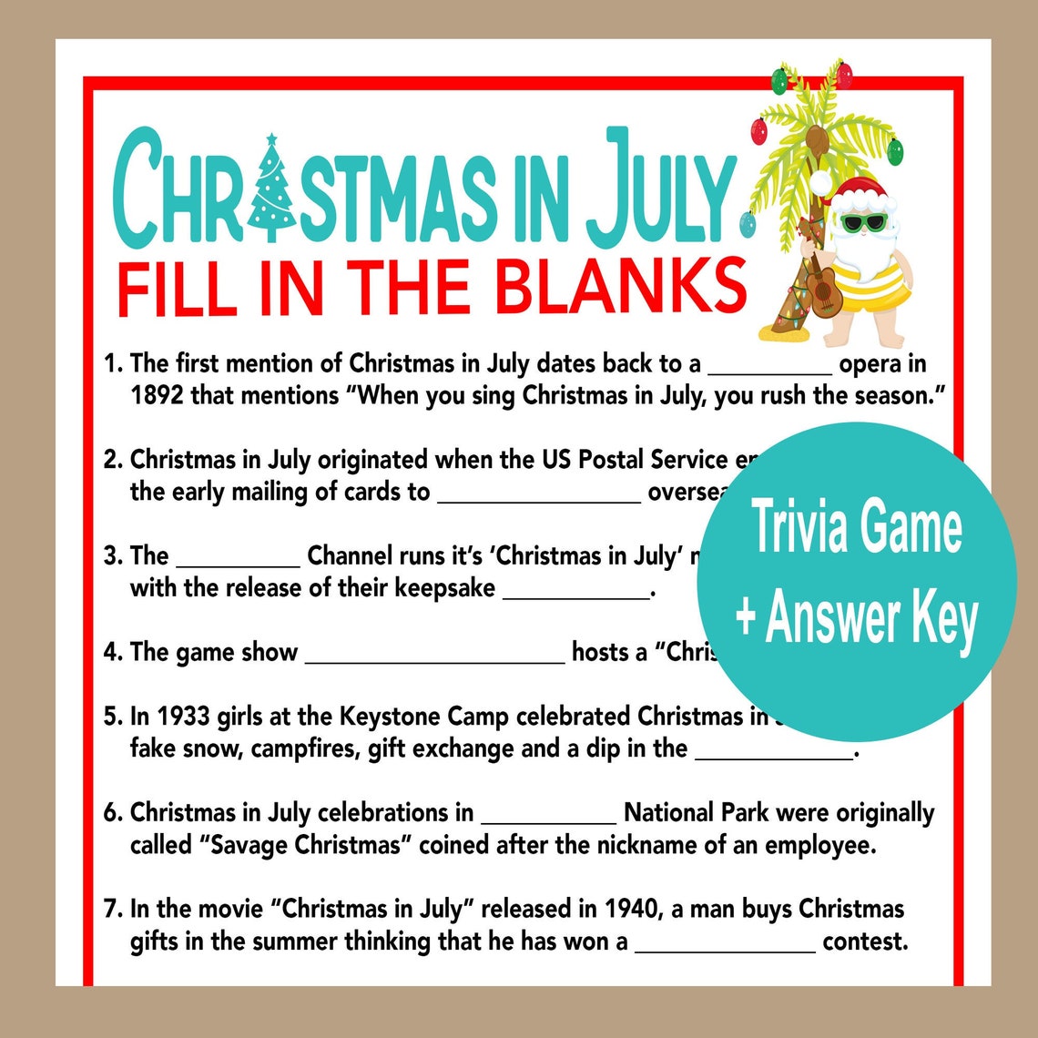 Christmas in July Trivia Fun Christmas in July Party Game - Etsy