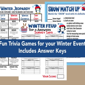 Op de afbeelding: Een set met printbare winter-trivia-spellen met pingu&iuml;nillustraties. De spellen omvatten "Winter Jeopardy", "Snow Match Up" en "Winter Feud: Top 3 Answers Survey Says..."
