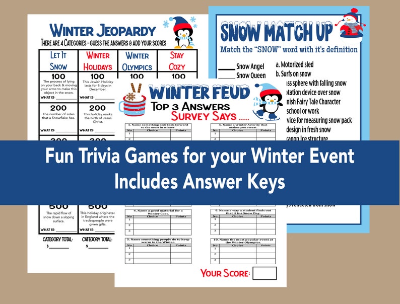 Op de afbeelding: Een set met printbare winter-trivia-spellen met pingu&iuml;nillustraties. De spellen omvatten "Winter Jeopardy", "Snow Match Up" en "Winter Feud: Top 3 Answers Survey Says..."