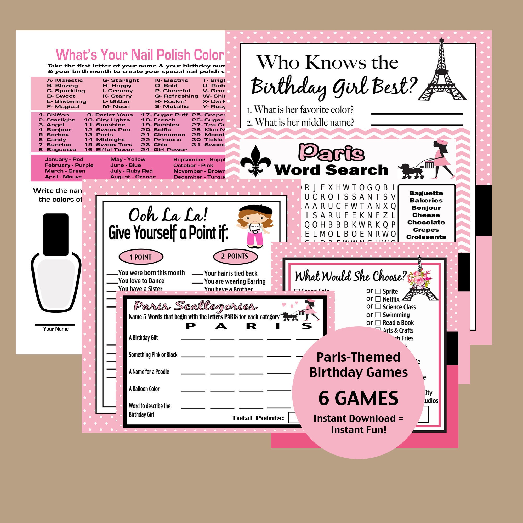 Birthday Games for Girls, Tween Birthday Games, Paris Theme Birthday Party  Games, 7th, 8th, 9th, 10th, 11th, 12th Birthday Games Printable 