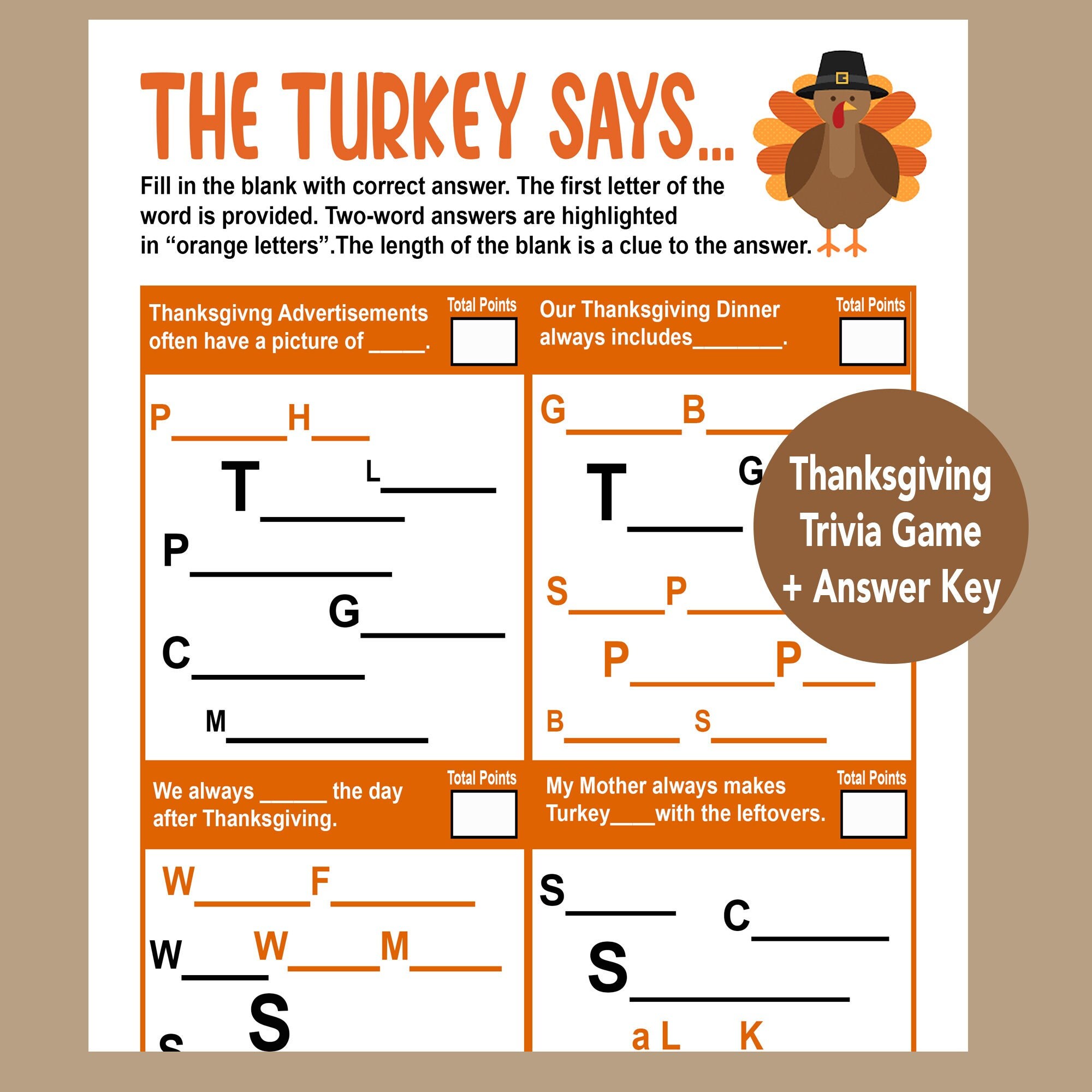 Thanksgiving Trivia Game, Think Fast Game, Thanksgiving Printable Games,  Fun Friendsgiving Game, Zoom Game, Family Game, Instant Download