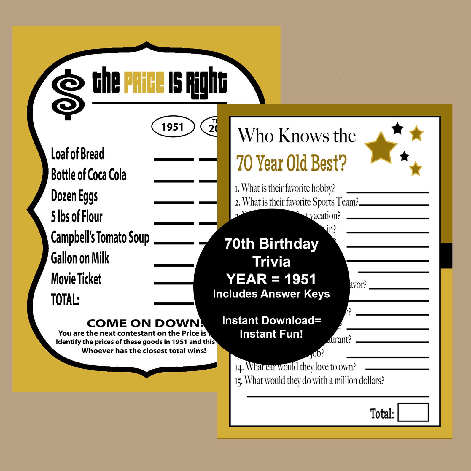 70th Birthday Party Games 70th Birthday Gold and Black Trivia Etsy