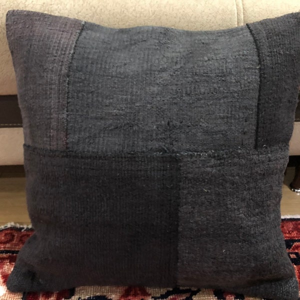 Dark Gray,20x20Inches,Pillow Cover Rug,Hand Made Hemp, Vintage Home Decor Kissen ,Turkish Natural,Kilim Pillow , Hemp Pillow,Patcwork Pillow