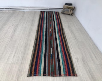 Vintage Turkish Kilim Rug Runner: 2x7 ft Handwoven Cotton Striped Hallway Rug
