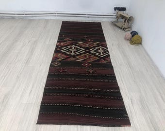 Tappeto da corridoio Kilim a righe: tappeto da corridoio in lana turca vintage da 2 x 7 piedi