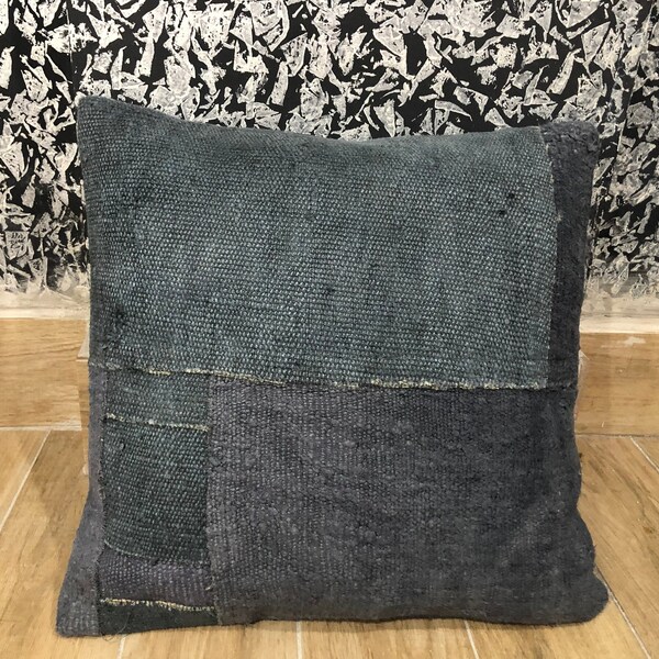 Dark Gray,20x20Inches,Pillow Cover Rug,Hand Made Hemp, Vintage Home Decor Kissen ,Turkish Natural,Kilim Pillow , Hemp Pillow,Patcwork Pillow