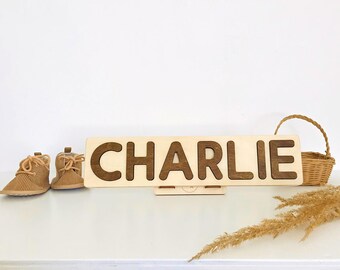 Natural Wood Name Puzzle for New Born. Baby Shower Gift. 1st Birthday Baby Gift. Natural Nursery Decor