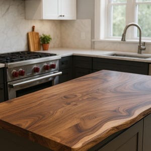Op de afbeelding: Keuken eiland met een donkerbruin houten werkblad met levende rand. Het werkblad heeft een natuurlijke, golvende rand en staat op een donkergrijze kast. Een roestvrijstalen fornuis met rode knoppen is zichtbaar.