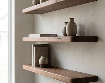 Houten boekenplank met afgeronde rand voor aan de muur – strak minimaal ontwerp met gladde randen voor thuiskantoor of woonkamer