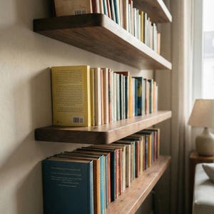 Könnte beinhalten: Drei schwebende Holzregale, gefüllt mit Büchern in verschiedenen Größen und Farben. Die Regale sind an einer hellen Wand befestigt. Die Buchrücken zeigen eine Vielzahl von Farben und bilden eine ansprechende Präsentation. Eine Lampe und ein Sofa sind im Hintergrund zu sehen.