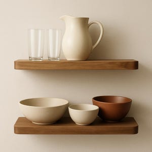 Floating Wooden Dishware Shelf – Rounded-Edge Wall-Mounted Kitchen Shelf for Modern Home Decor & Easy, Organized Kitchen Storage