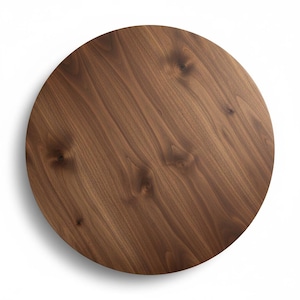 May include: A round, wooden tabletop with a rich, dark brown finish. The wood grain is prominently displayed, with natural knots adding character. The tabletop is a solid, circular shape, perfect for a small table or decorative piece.
