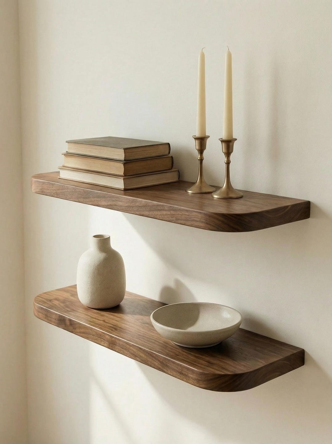 Floating Wood Shelf With Rounded Edges, Books and Plant, Soft Daylight ...