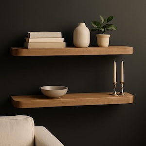 Floating Wooden Shelf with Rounded Edge – Modern Natural Wood Wall Shelf for Storage, Books and Home Décor