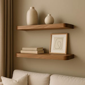Modern Rounded Edge Shelf – Solid Wood Floating Wall Shelf for Living Room, Office or Kitchen Storage