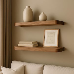 May include: Two wooden floating shelves with rounded edges, holding beige vases, books, and a framed abstract art print. The shelves are mounted on a neutral-colored wall, creating a minimalist aesthetic.