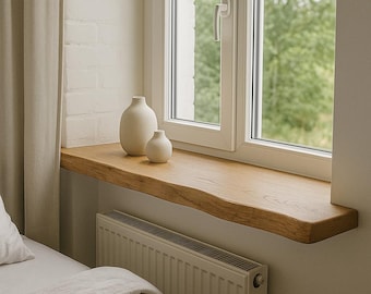 Custom Wooden Windowsill – Rustic Solid Oak, Ash or Walnut Sill, Wide Wall-Mounted Shelf for Natural Modern or Farmhouse Style