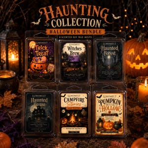 Op de afbeelding: Een Haunting Collection Halloween-bundel met zes geurende sojawasmelts van Lumimelt. Elke doorzichtige plastic verpakking bevat unieke labels met de titels Trick or Treat, Witches Brew, Haunted Forest, Haunted House, Campfire Stories en Pumpkin Hollow, elk met een gewicht van 70 gram.