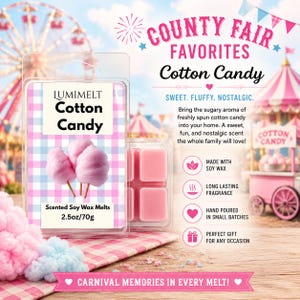 May include: A clear plastic package of Lumimelt Cotton Candy scented soy wax melts, 2.5oz/70g. The label features a pink and blue gingham pattern with an illustration of pink cotton candy on sticks. Text includes County Fair Favorites and Cotton Candy.