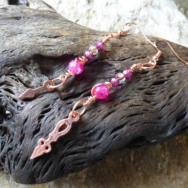 Dangle drop glass beaded earrings in shades of raspberry pink and copper hand wrapped in raw copper with copper clock hands and ear wires