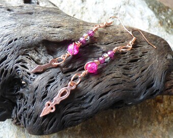 CLEARANCE Handmade Copper Dangle Earrings, Raspberry Pink Glass Beads