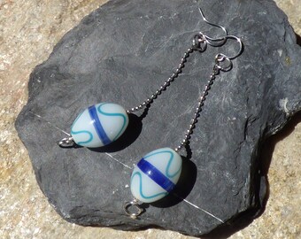 White and blue large oval glass bead dangle drop earrings on stainless steel ball chain with surgical steel ear wires