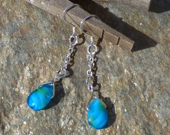 Silver drop earrings with silver chain and aqua/yellow glass drops