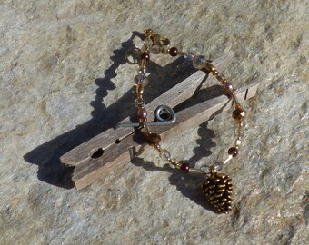 Handmade Pinecone Beaded Bracelet, Gold Brown Crystal Beads