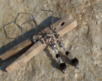 3" black, clear and silver glass and crystal bead dangle earrings on unique angled stainless steel ear wires