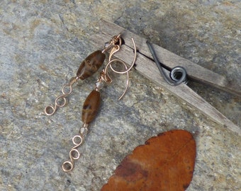 Dangle drop glass and ocean jasper stone beaded earrings in brown and champagne on looped raw bronze wire with bronze ear wires.