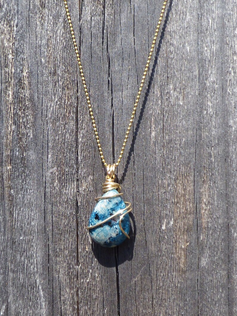 Petite sky blue cherry jasper tear drop wire wrapped pendant in raw brass with an 18 brass ball chain