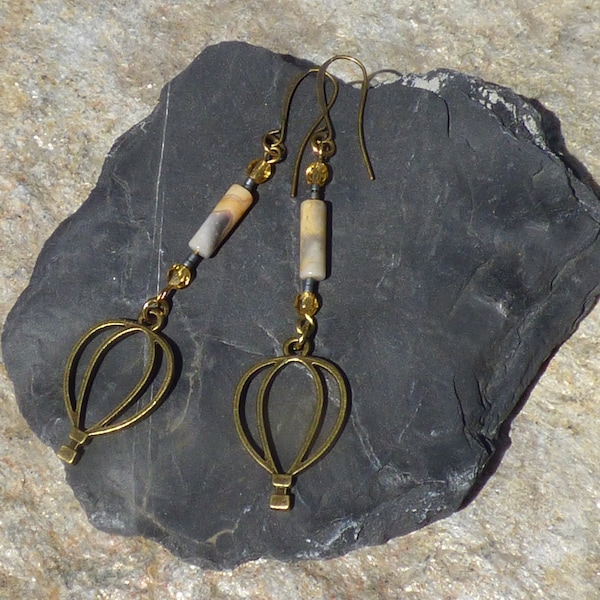 Gold, yellow and gray dangle earrings with glass, crazy lace agate columns and antique brass balloon charms on raw brass