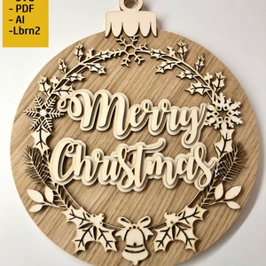 May include: A wooden Christmas bauble featuring a wreath design and the words "Merry Christmas" in a layered font. The bauble is decorated with snowflakes, holly leaves, and bells.